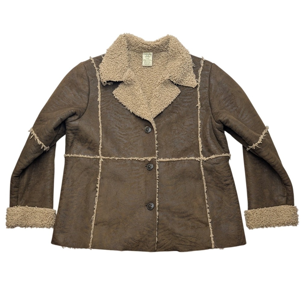 Cabelas Faux Shearling Jacket Womens XL Brown Sherpa Lined Button Front Coat